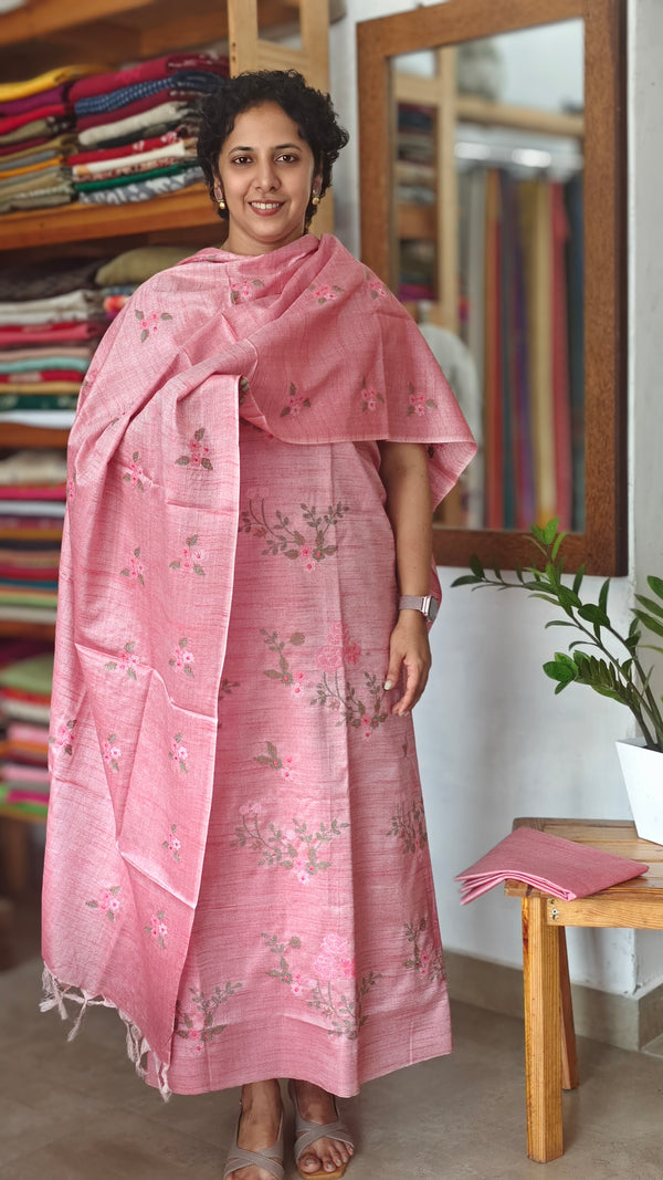 Pink Cross Stitch Embroidered Semi Tussar Suit - MTV6 - VS1