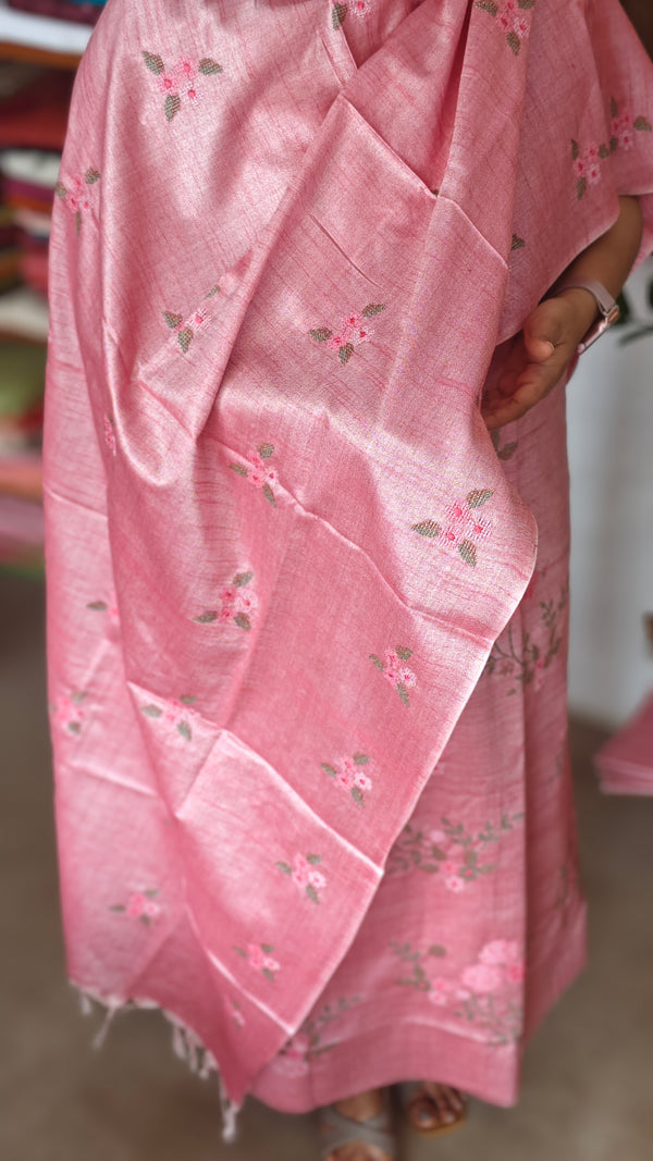 Pink Cross Stitch Embroidered Semi Tussar Suit - MTV6 - VS1