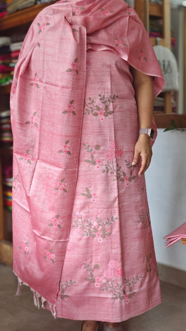 Pink Cross Stitch Embroidered Semi Tussar Suit - MTV6 - VS1