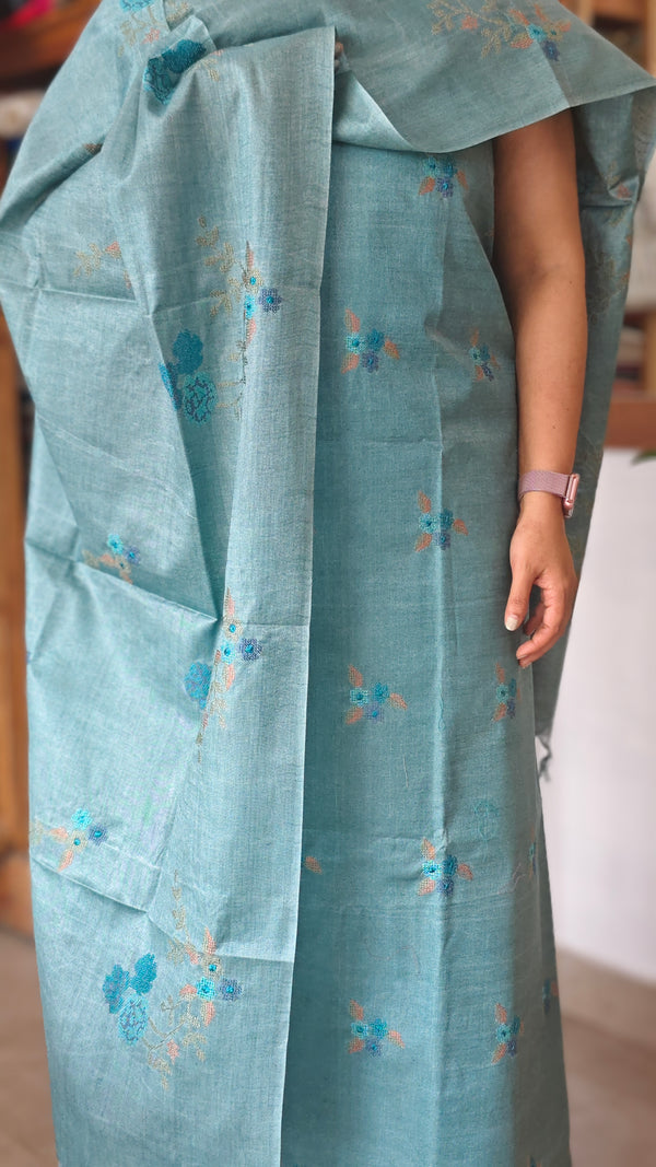 Teal Blue Cross Stitch Embroidered Semi Tussar Suit - MTV6 - X4
