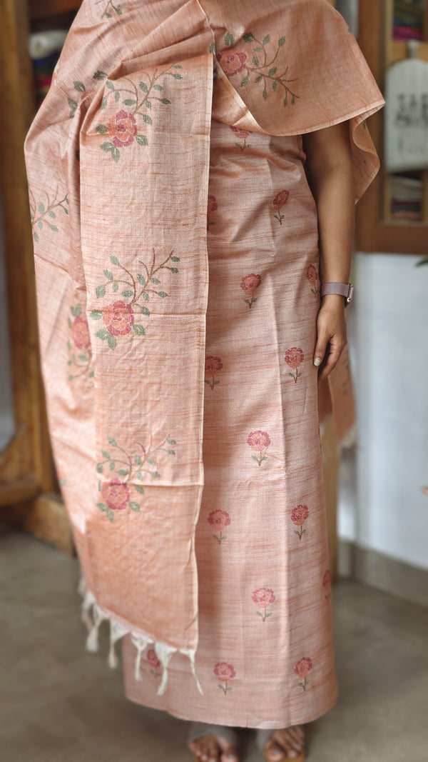 Light Peach Cross Stitch Embroidered semi Tussar Suit - MTV6 - V9