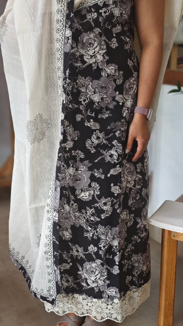 Black and cream printed cotton suit