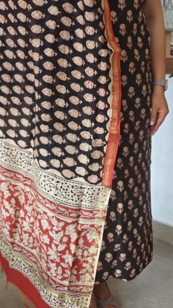 Black and brick red chanderi silk suit