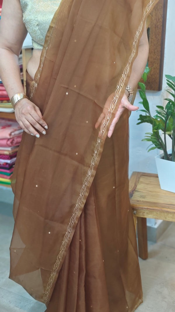 Olive Brown Organza saree with Pita Work Embroidery - TD16 - 3O