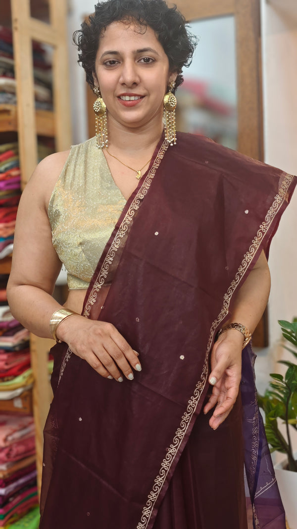 Wine shade organza saree with Pita Work Embroidery - TD16 - 4W