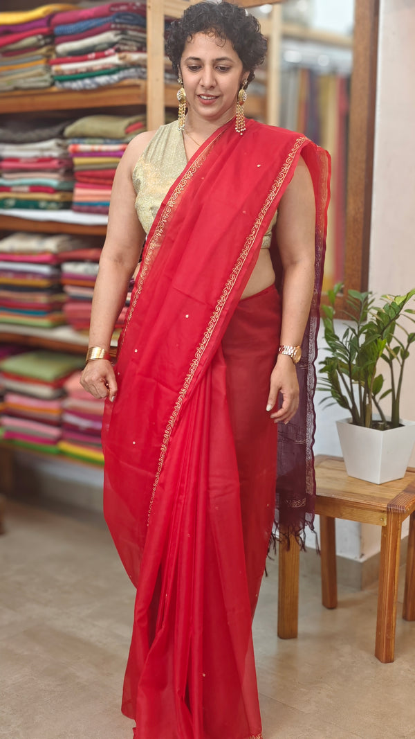 Red Organza Saree with Pita Work Embroidery - TD16 - 5R