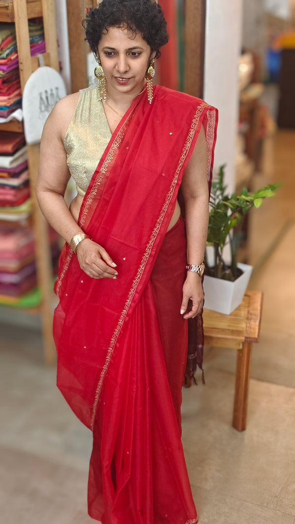 Red Organza Saree with Pita Work Embroidery - TD16 - 5R