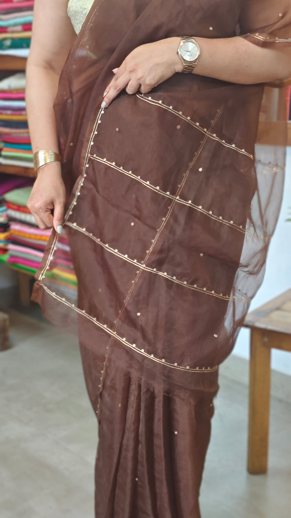 Dark Brown Organza Saree with Pita work Embroidery - TD16 - 6D