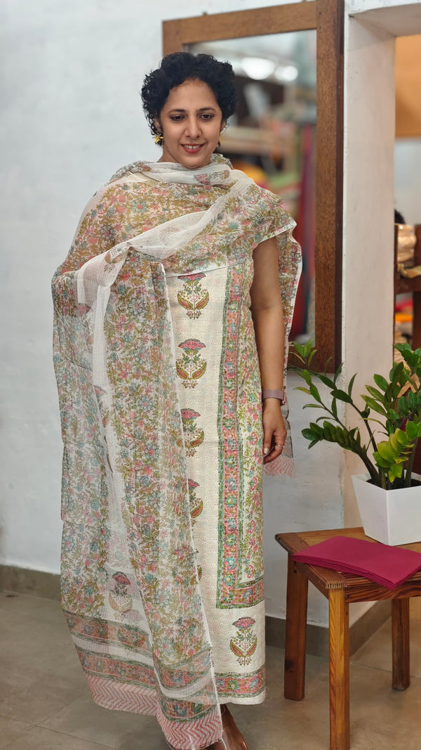 Cotton Hakoba Block printed Suit - Cream,Pink and Green - CNA8