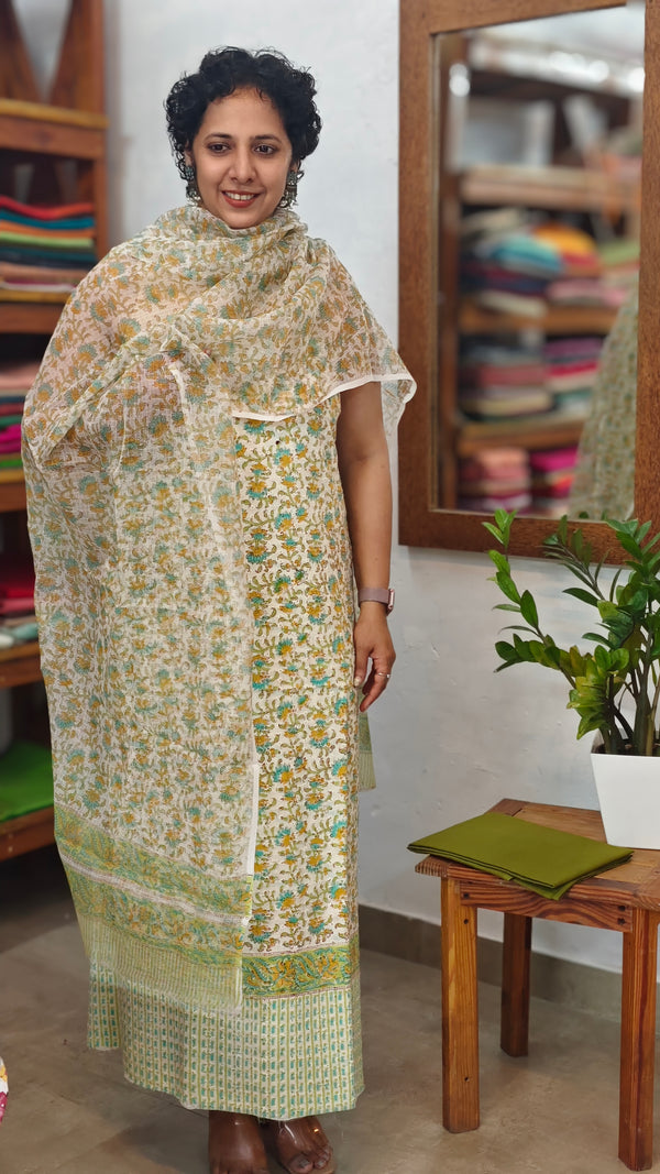 Cream Block Printed Cotton hakoba Suit - Cream, Green and Mustard - CNA8