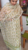 Cream Block Printed Cotton hakoba Suit - Cream, Green and Mustard - CNA8