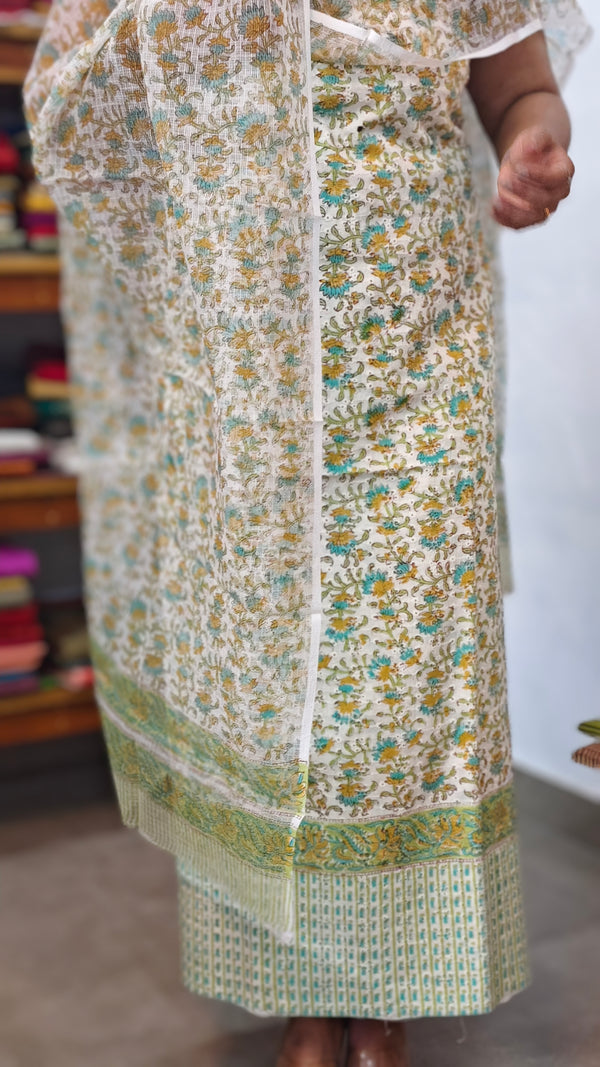 Cream Block Printed Cotton hakoba Suit - Cream, Green and Mustard - CNA8