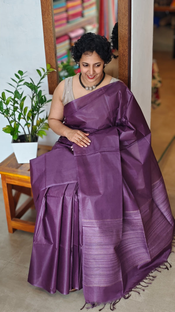 Palatinate Purple Lined Noil Tussar Silk Saree - CNL3