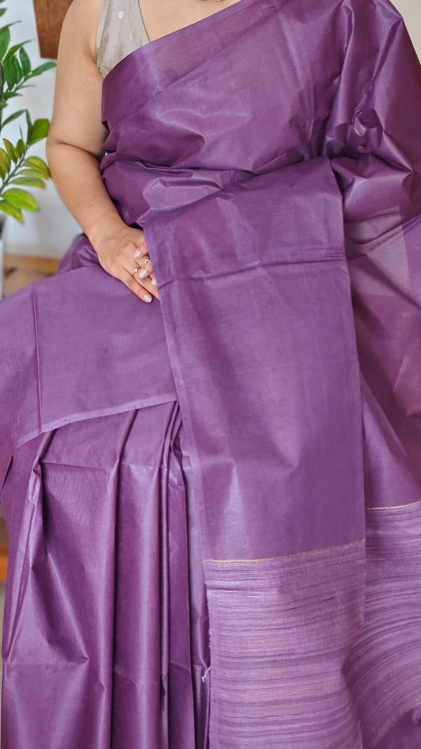 Palatinate Purple Lined Noil Tussar Silk Saree - CNL3