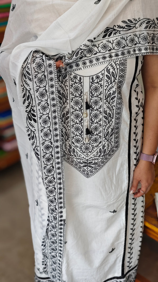 White and black embroidered cotton suit