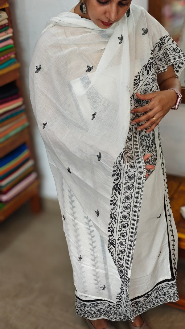 White and black embroidered cotton suit