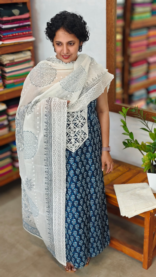 Indigo and white block printed cotton suit - BS10 - 1