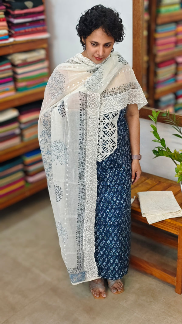 Indigo and white block printed cotton suit - BS10 - 2