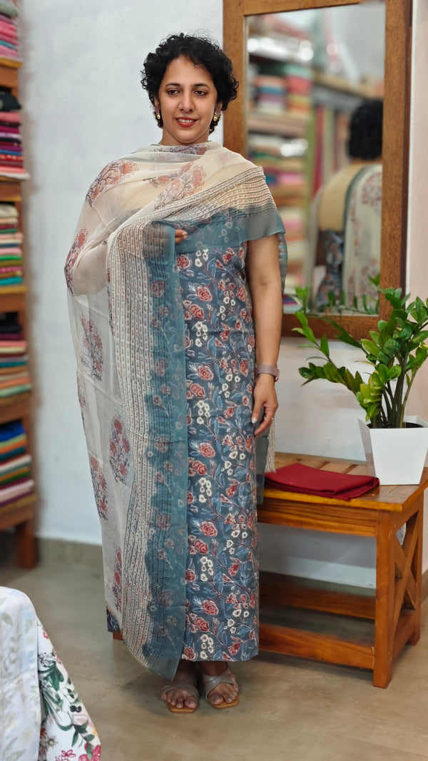 Blue block printed cotton suit with chiffon dupatta