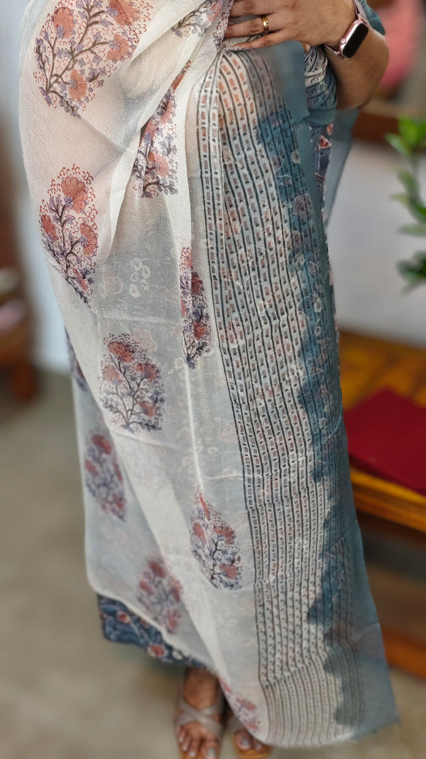 Blue block printed cotton suit with chiffon dupatta