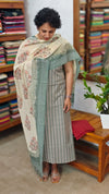 Teal Block Printed cotton suit with linen dupatta