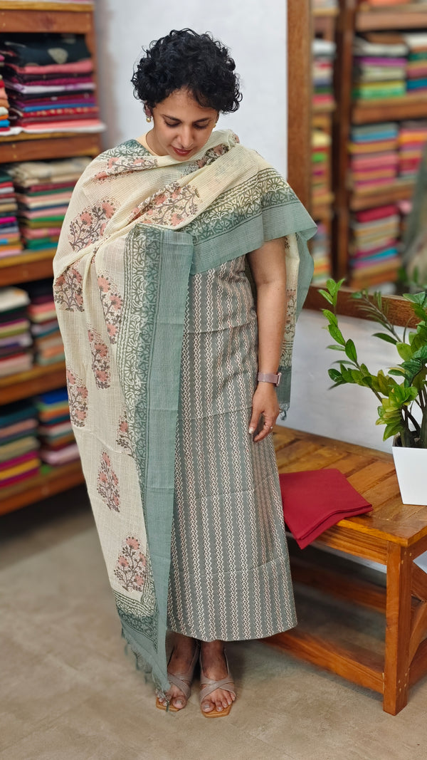Teal Block Printed cotton suit with linen dupatta