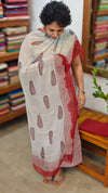 Red block printed cotton suit with chiffon dupatta