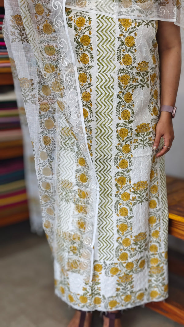 Off white and mustard Block Printed Cotton Suit