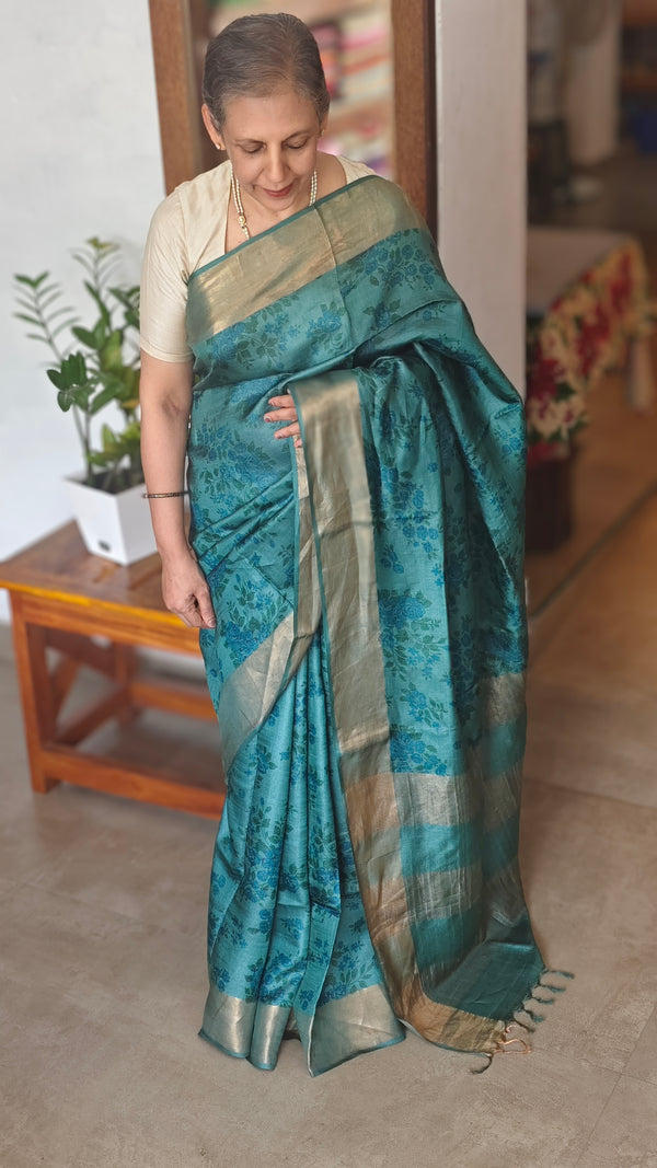 Peacock Blue Printed Tussar Silk Saree