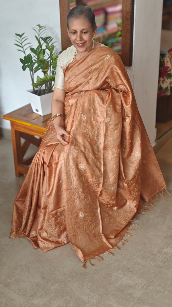 Golden Brown Tussar Silk Saree - FSM8