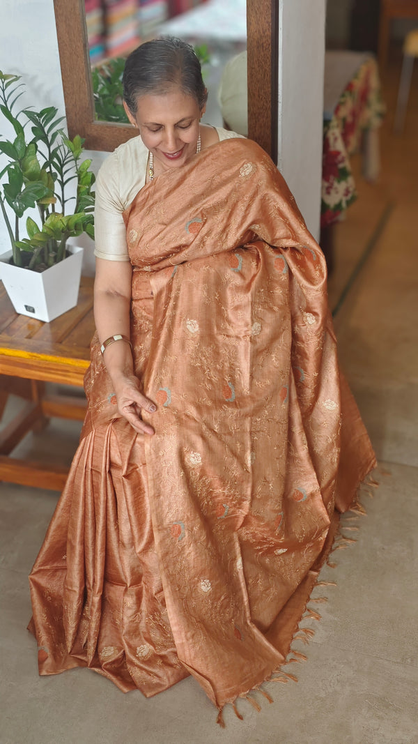 Golden Brown Tussar Silk Saree - FSM8
