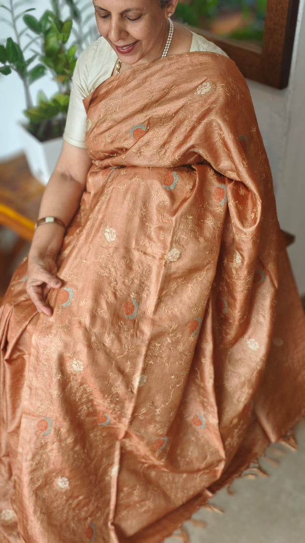 Golden Brown Tussar Silk Saree - FSM8