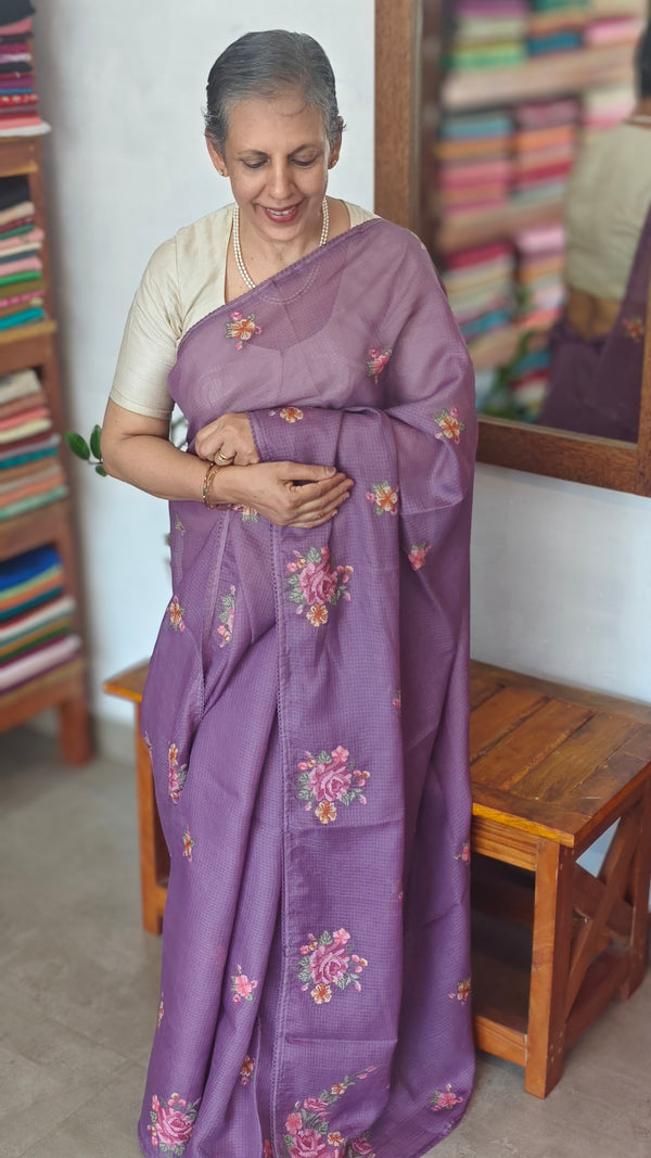 Purple Silky Kota Embroidered Saree - JCX