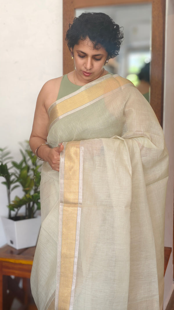 Cream Linen Silk Saree - DR42