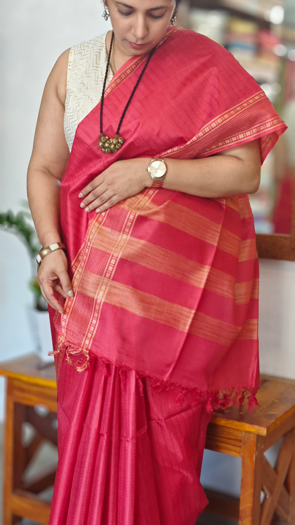 Red Woven Semi Tussar Silk Saree - TF51