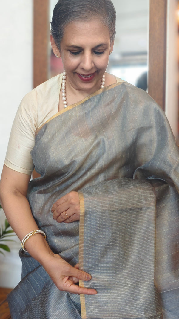 Metallic Grey tussar tissue saree - CCK3