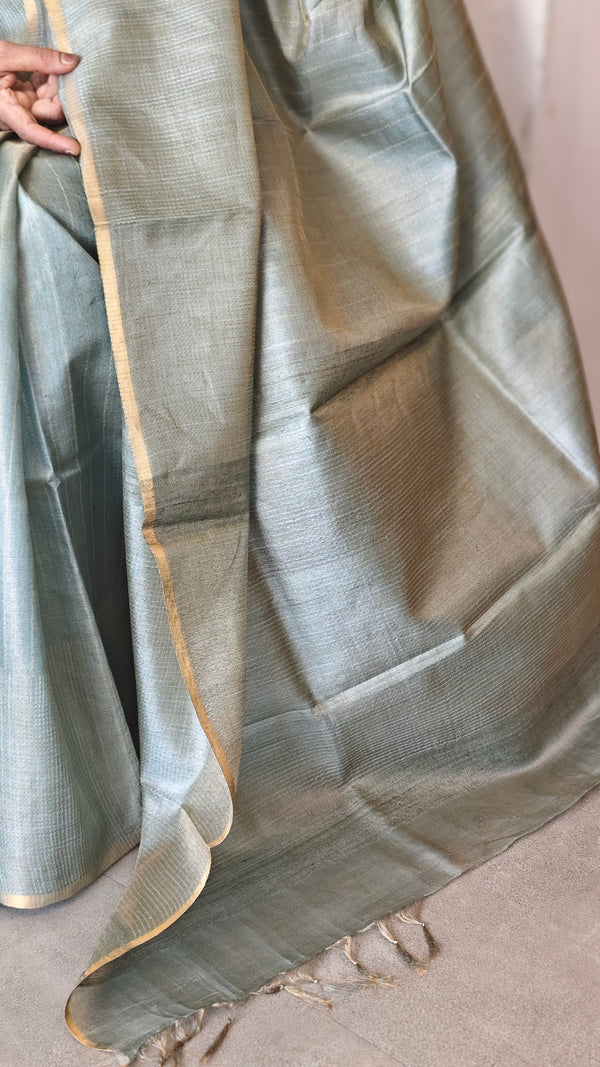 Metallic Teal Tussar Tissue Saree - CCK3