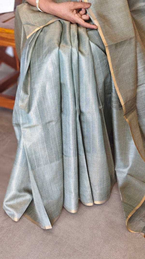 Metallic Teal Tussar Tissue Saree - CCK3