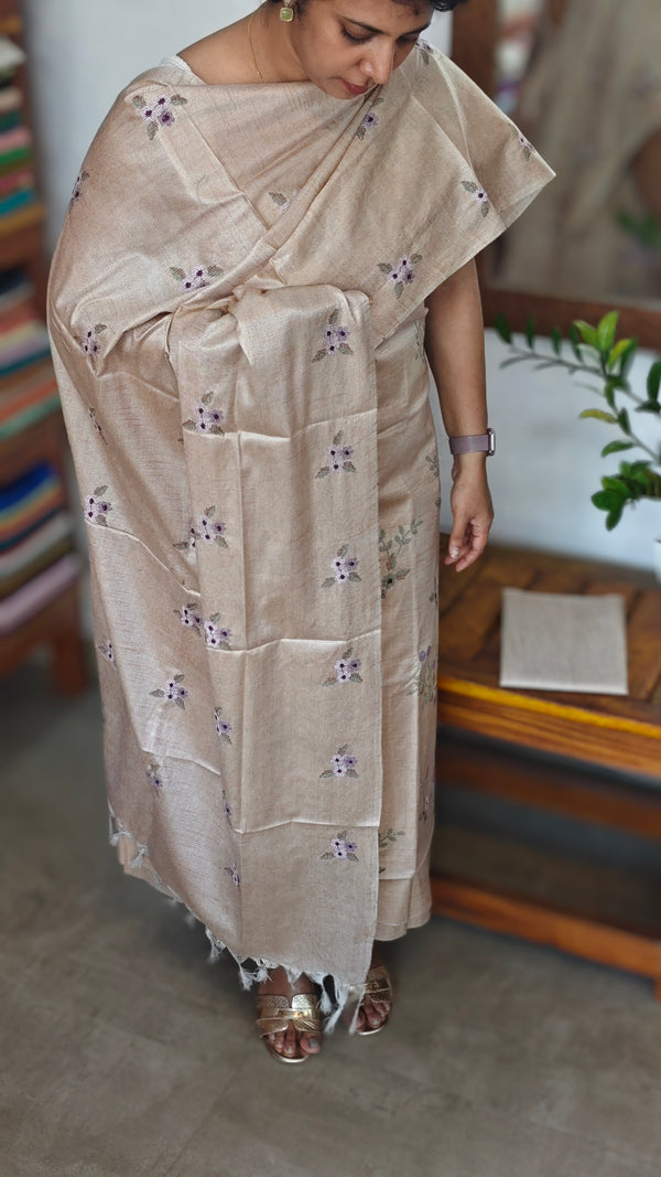 Light Beige Cross Stitch Embroidered Semi Tussar Silk Suit - MTV6 - L4