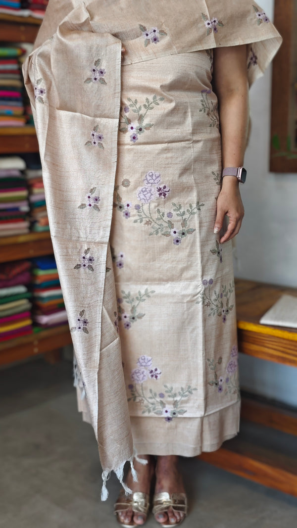 Light Beige Cross Stitch Embroidered Semi Tussar Silk Suit - MTV6 - L4