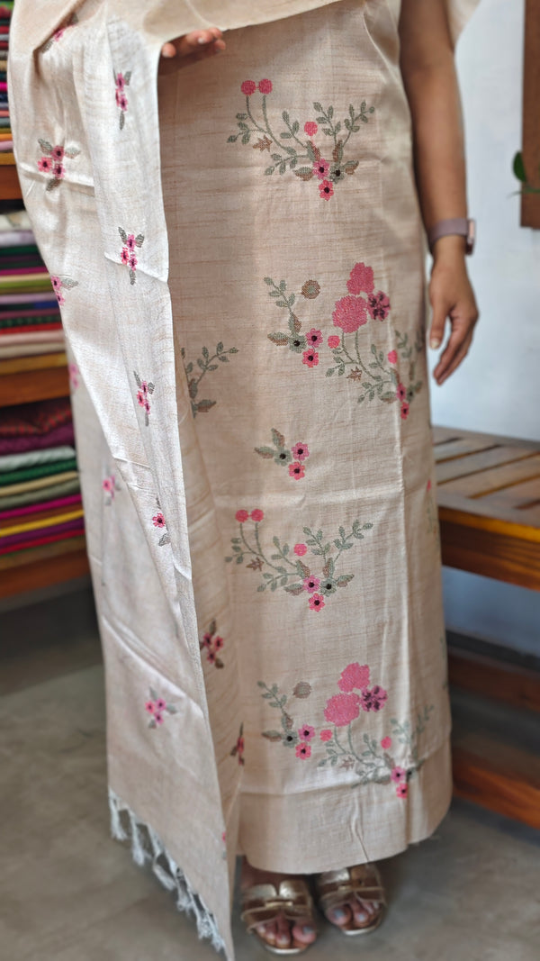 Light Beige Cross Stitch Embroidered Semi Tussar Silk Suit - MTV6 - C5