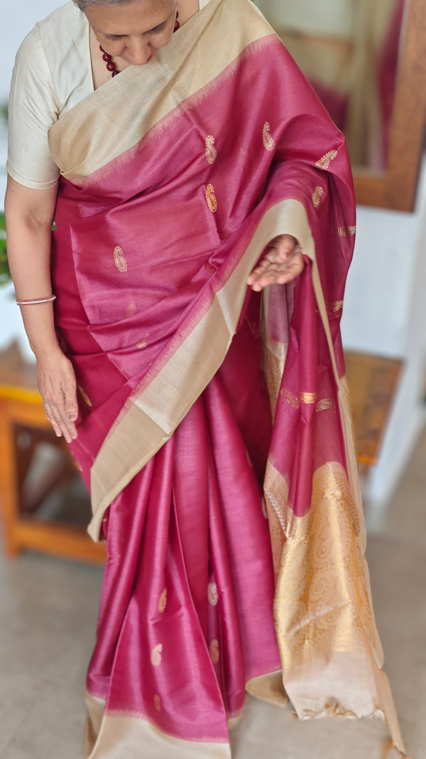 Maroon and Beige Handloom Tussar Silk Saree