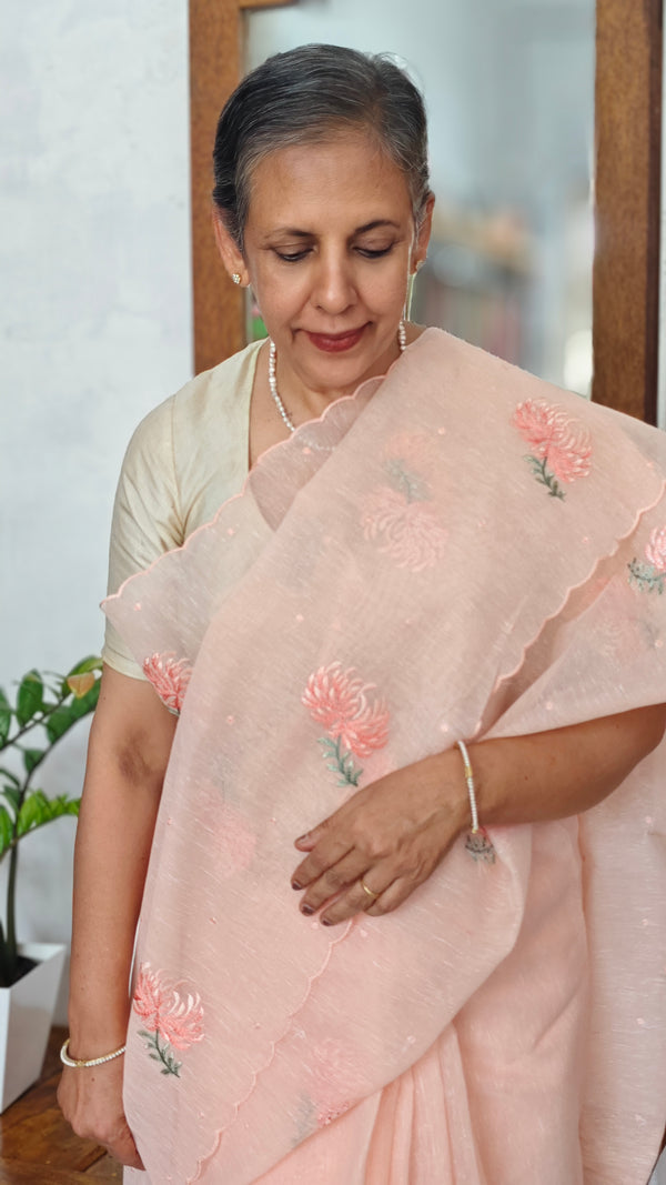 Peach Linen Chanderi Embroidered Saree - RL34