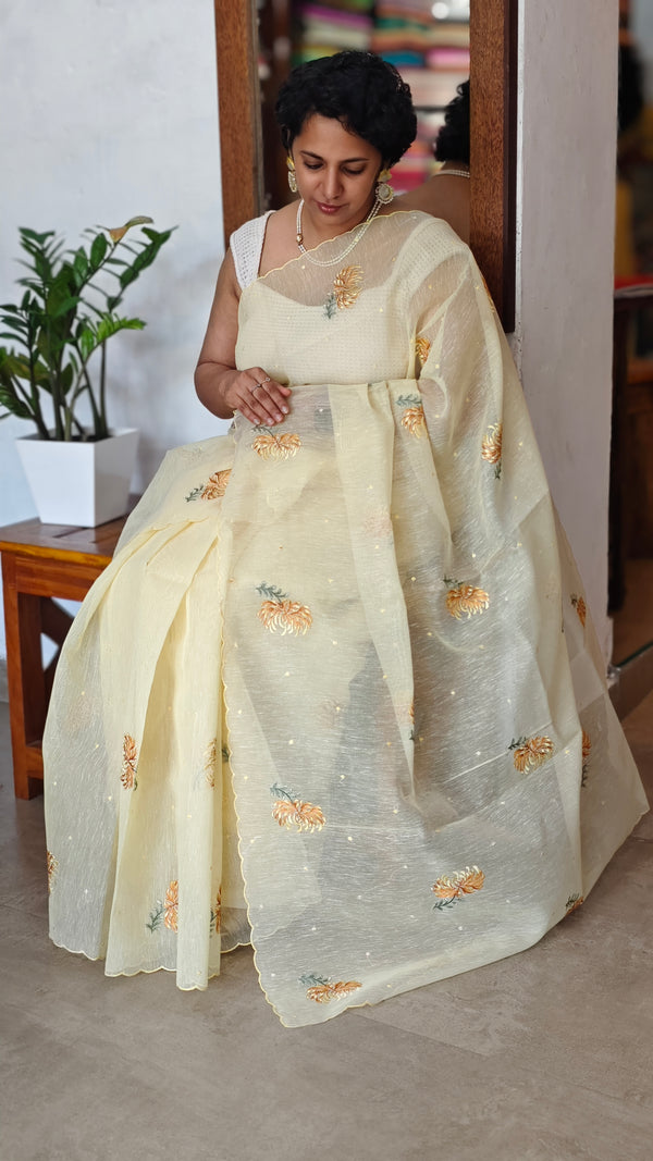 Pastel Yellow Linen Chanderi Embroidered Saree - RL34