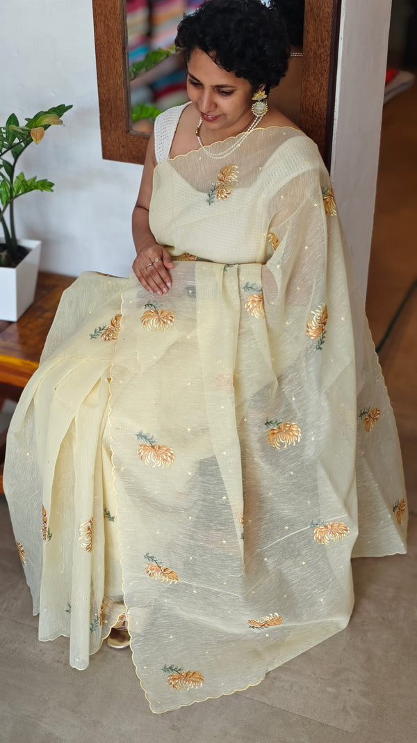 Pastel Yellow Linen Chanderi Embroidered Saree - RL34