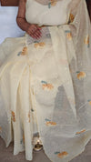 Pastel Yellow Linen Chanderi Embroidered Saree - RL34