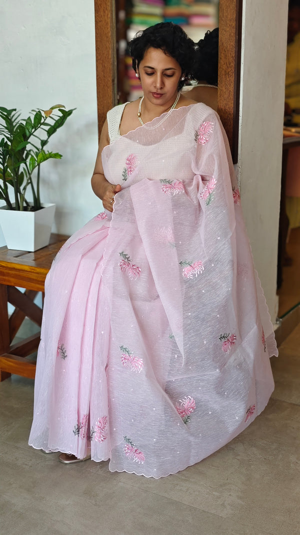 Light Pink Linen Chanderi Embroidered Saree - RL34