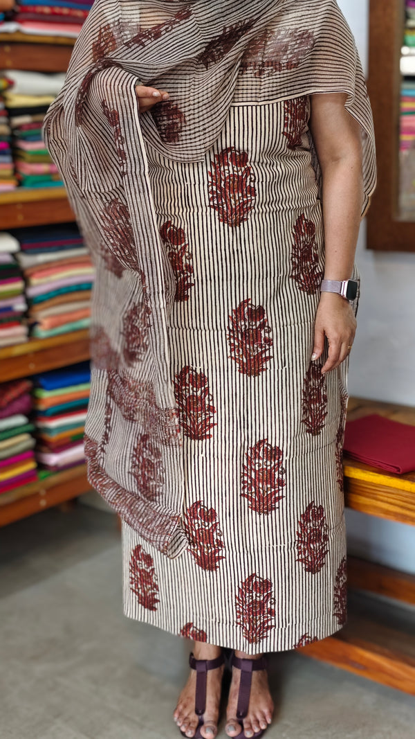 Brown and brick red cotton suit with kota doria dupatta