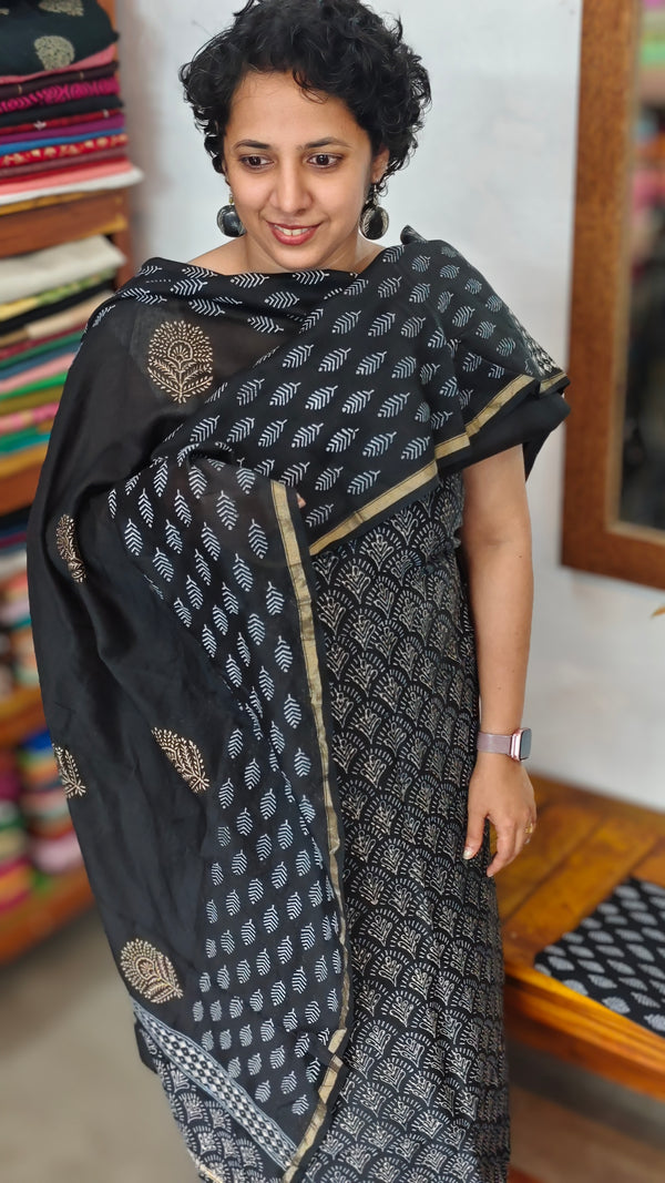 Black Block Printed Chanderi Silk Suit - MC059