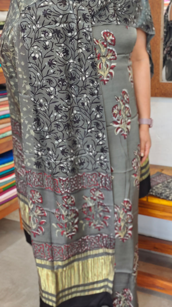 Grey Ajrakh printed modal silk suit